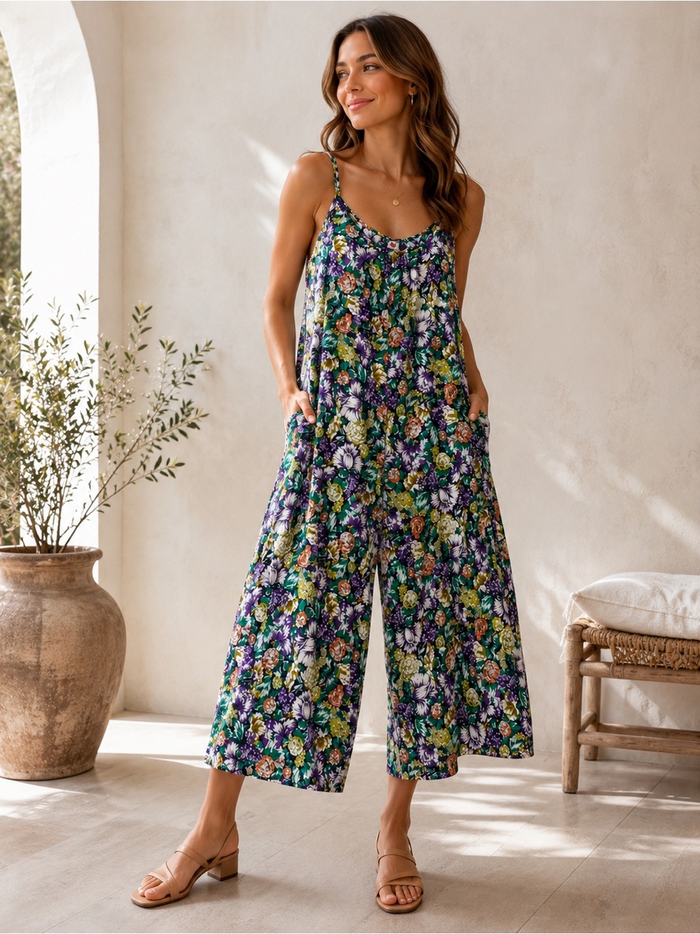 Buenos Ninos Floral Wide Leg Cropped Jumpsuit Pockets Boho Size M Cottagecore